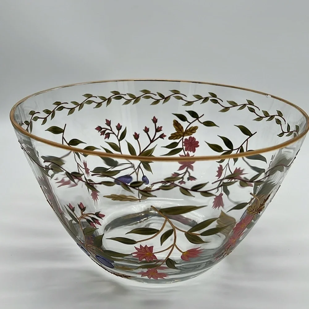 Crystal Clear Industries Hand Painted “Amelia” 11” Bowl With 22kt Gold Floral